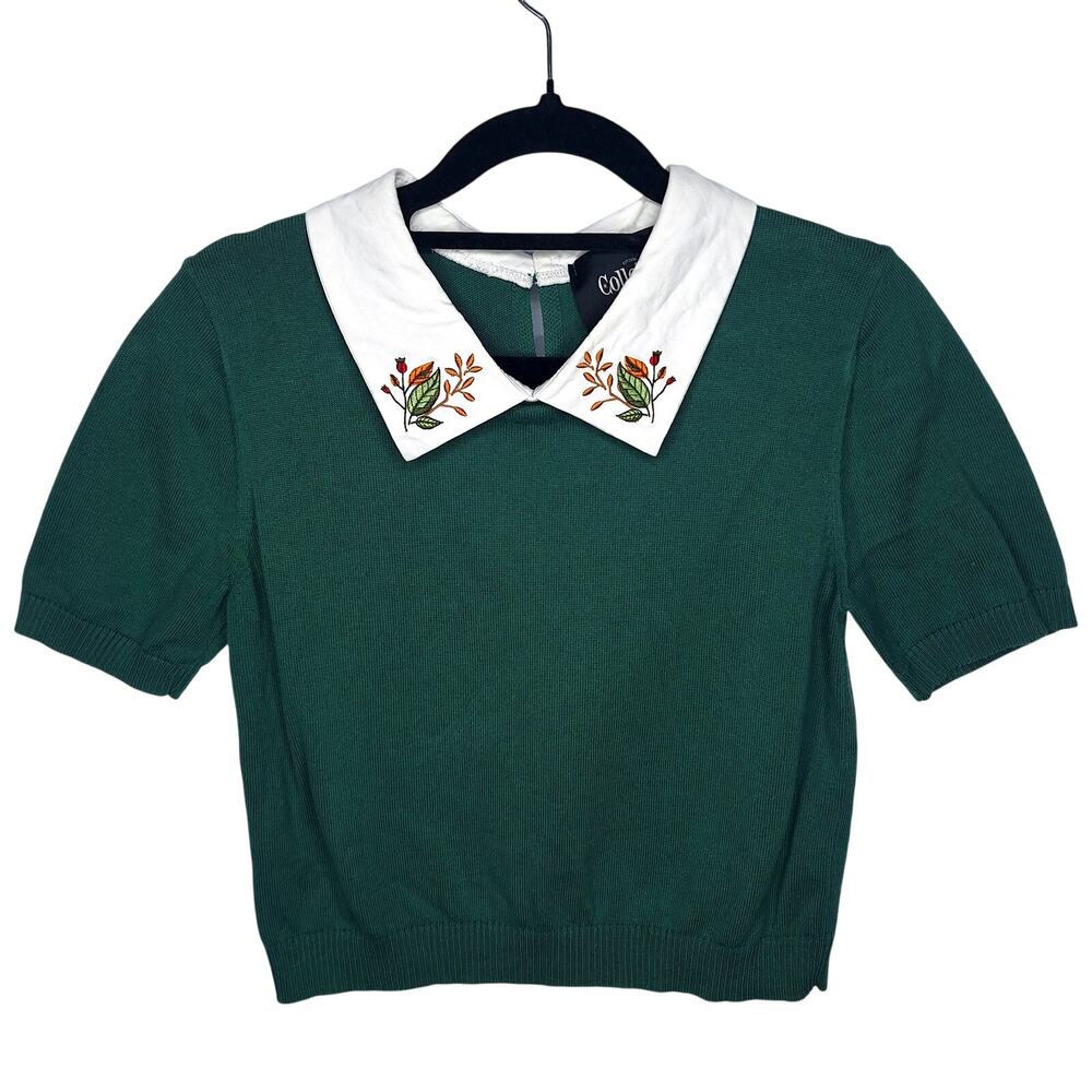 Collectif Fall Leaves Collared Crop Sweater Small Green Academia Retro 50s Pinup